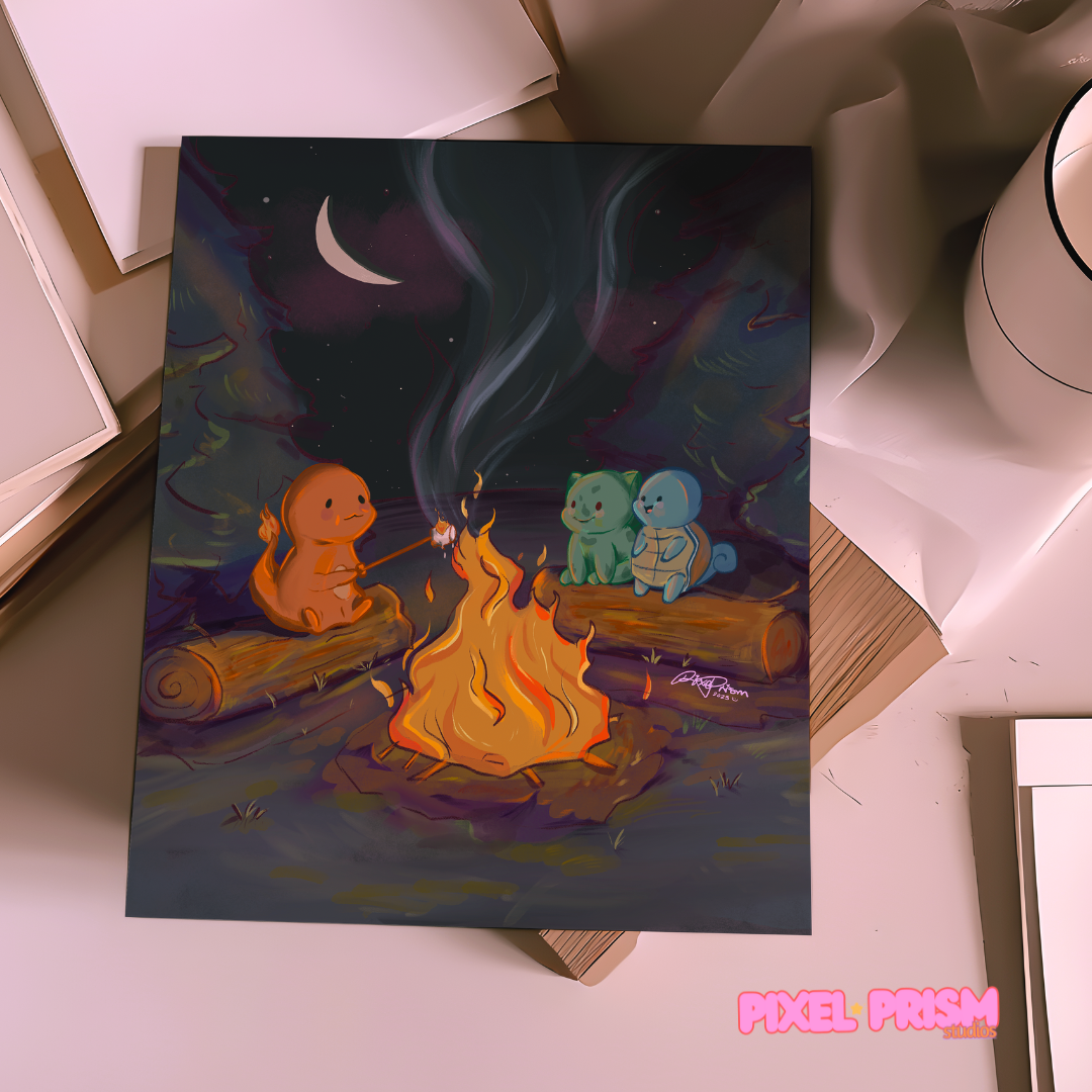 Fireside Tales | Charmander, Bulbasaur, & Squirtle Original Art Print