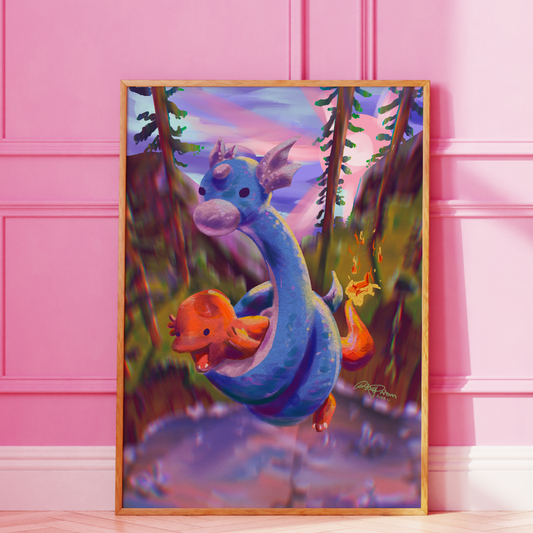 Charmander Learns to Fly | Dratini & Charmander Original Art Print